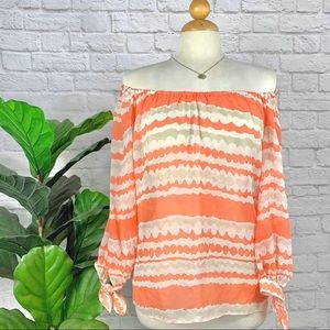 TRINA TURK stripe chiffon off shoulder tie blouse